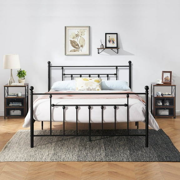VECELO 3-piece Bedroom Set, Full Size Metal Platform Bed Frame and 2 Brown Nightstands