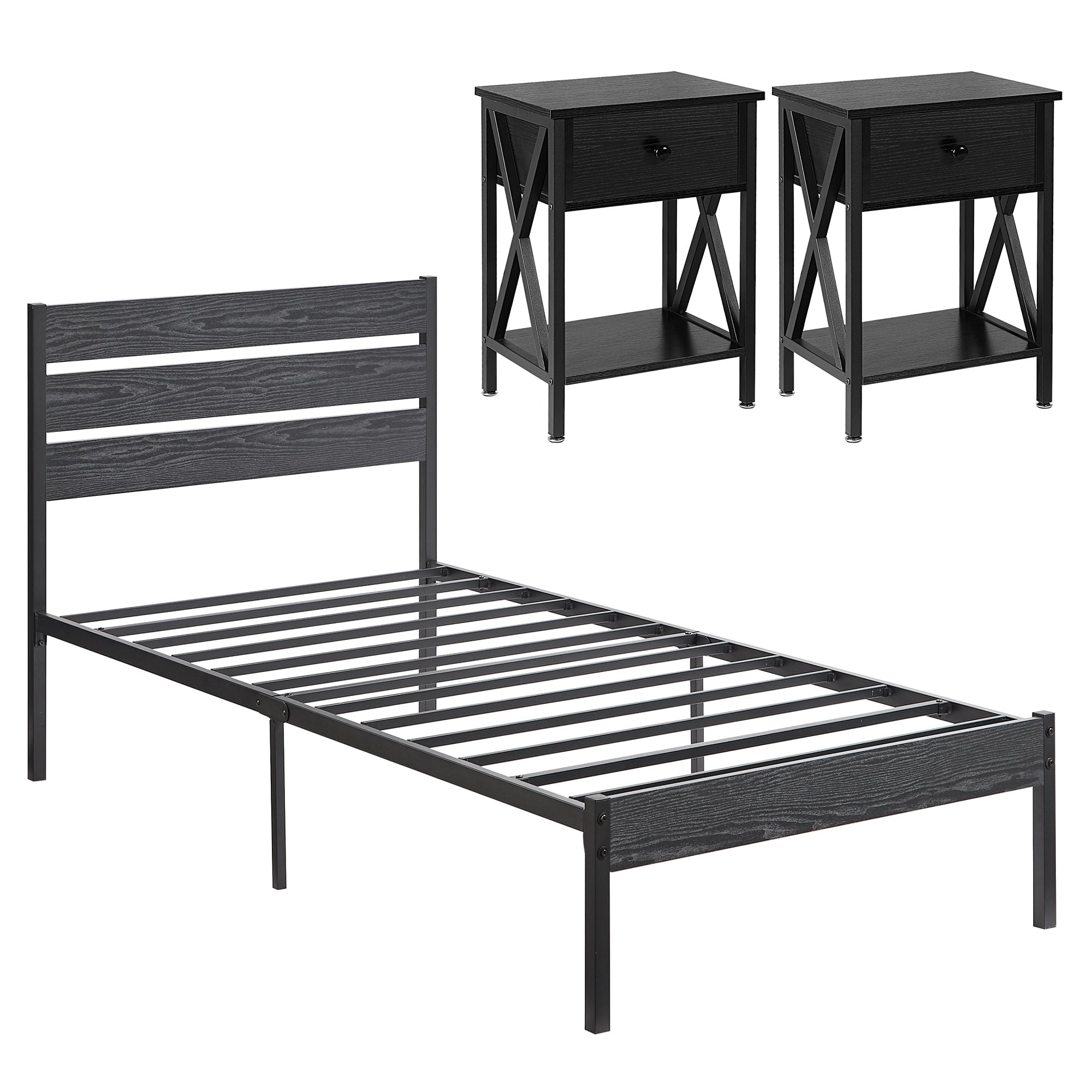 VECELO 3-piece Bedroom Set Include Full Bed Frame with 2 Nightstands, Black