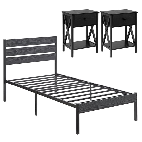 VECELO 3-piece Bedroom Set Include Full Bed Frame with 2 Nightstands, Black
