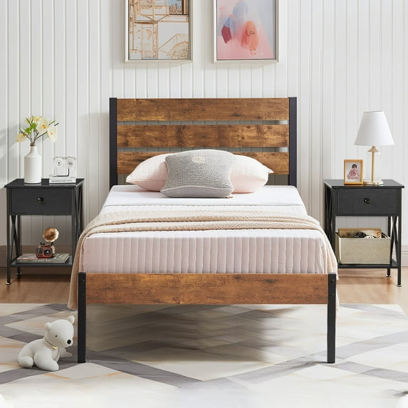 VECELO 3-piece Bedroom Set, Metal & Wood Platform Bed with Set of 2 Nightstand, Twin Size