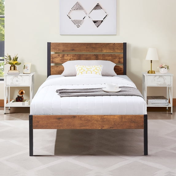 VECELO 3-piece Bedroom Set, Metal & Wood Platform Bed with Set of 2 Nightstand, Twin Size