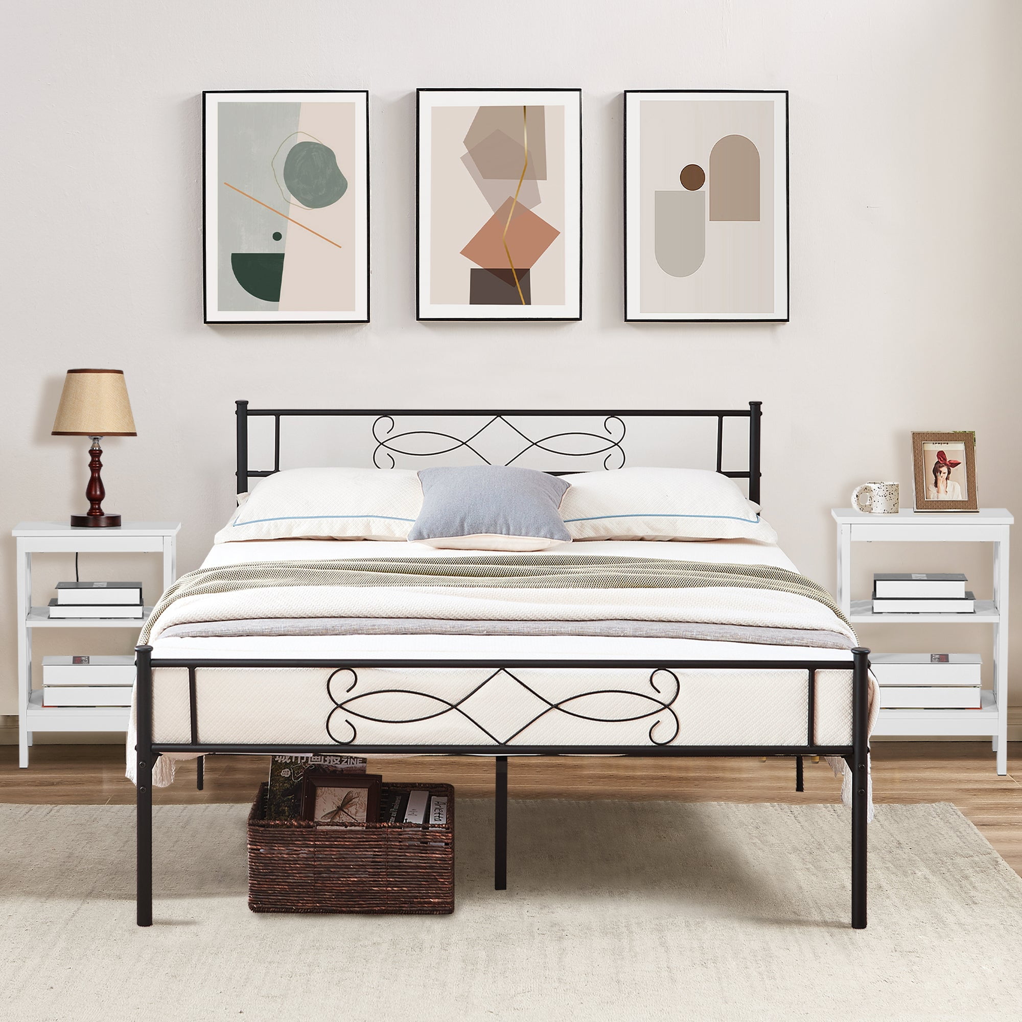 VECELO 3piece Bedroom Set, Queen Bed Frame with Headboard, Nightstand