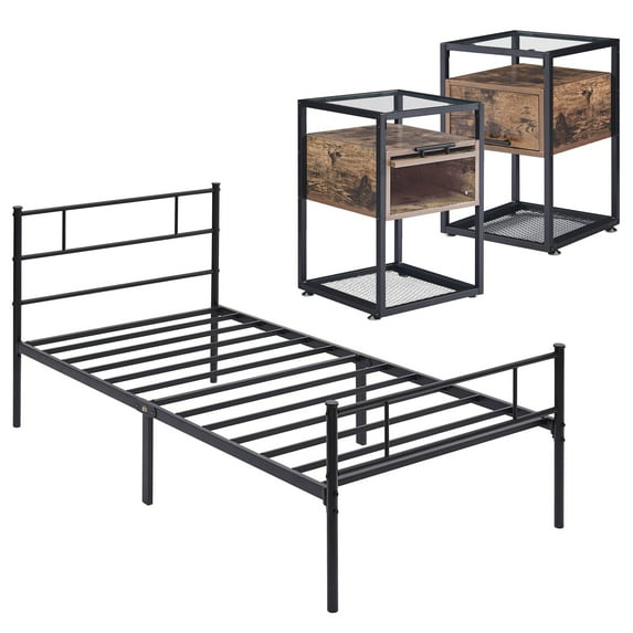 VECELO 3-piece Bedroom Set Twin Bed Frame and 2 Brown Nightstands