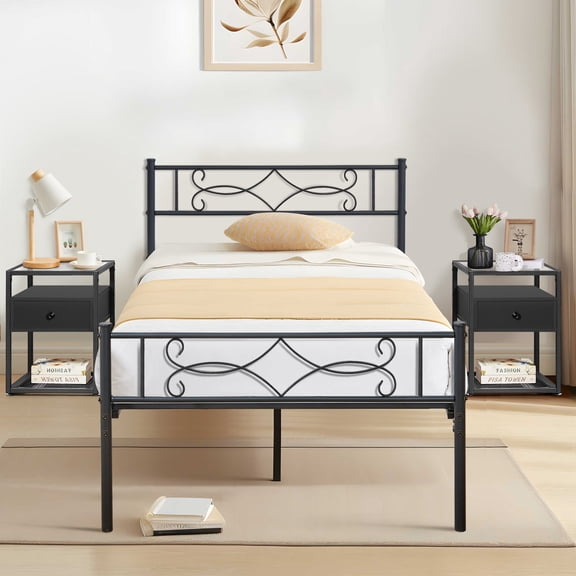 VECELO 3-piece Bedroom Set, Twin Bed Frame with Headboard, Nightstand Set of 2 with 1-Drawer, Open Storage Shelf, Black