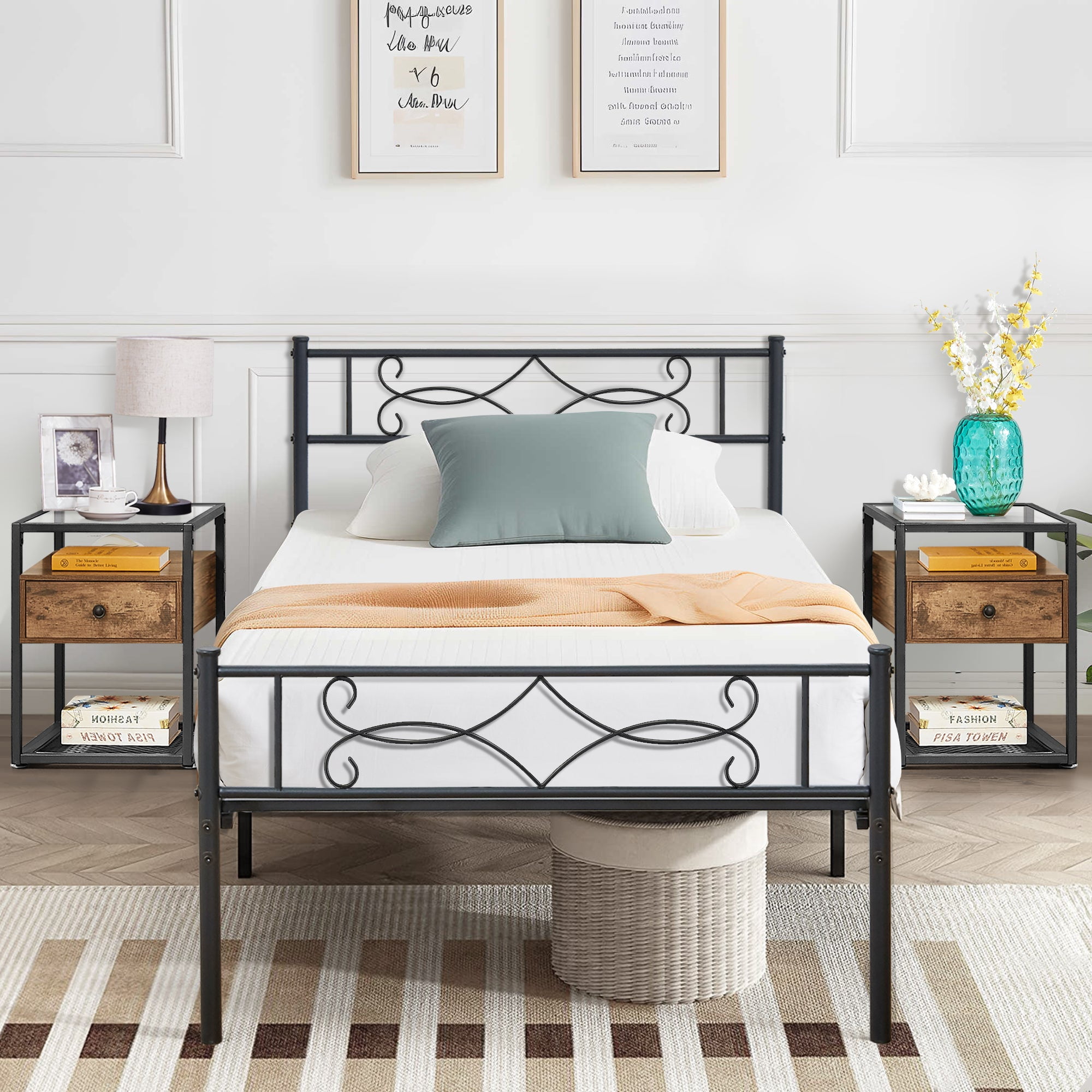 VECELO 3piece Bedroom Set, Twin Bed Frame with Headboard, Nightstand