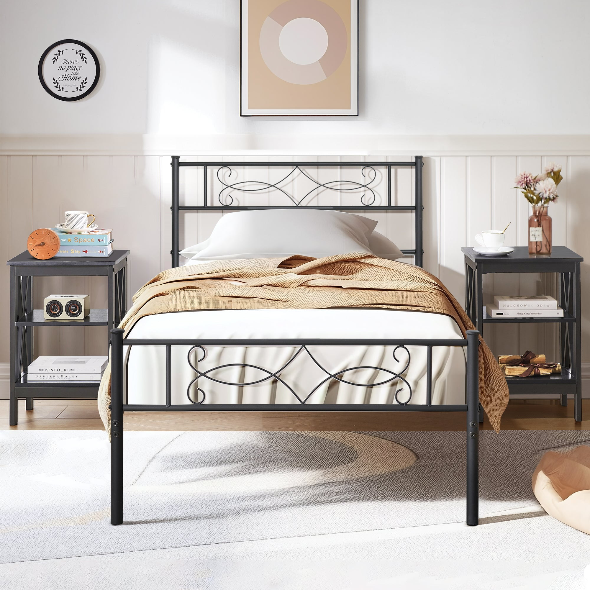 VECELO 3piece Bedroom Set, Twin Bed Frame with Headboard, Nightstand