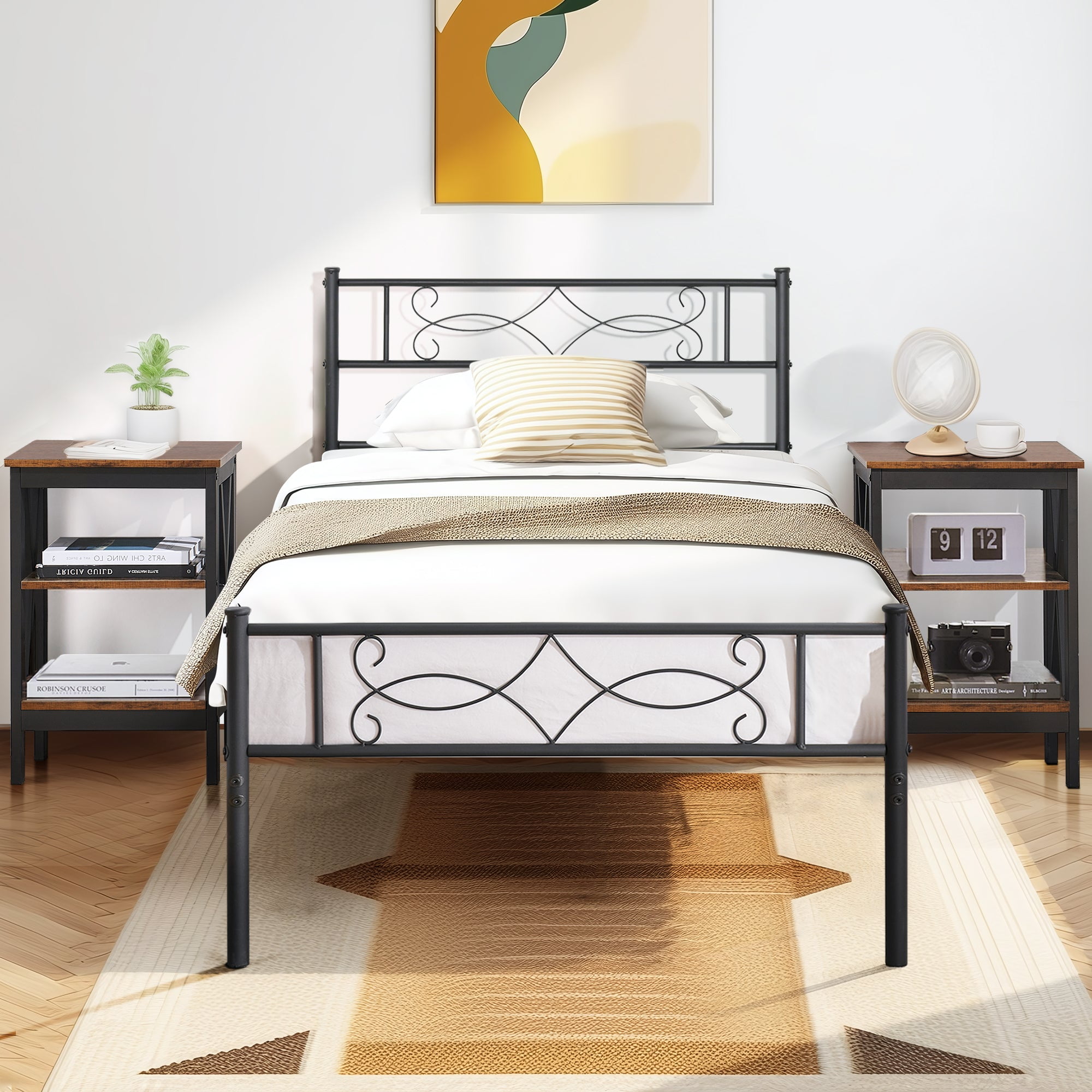VECELO 3piece Bedroom Set, Twin Bed Frame with Headboard, Nightstand