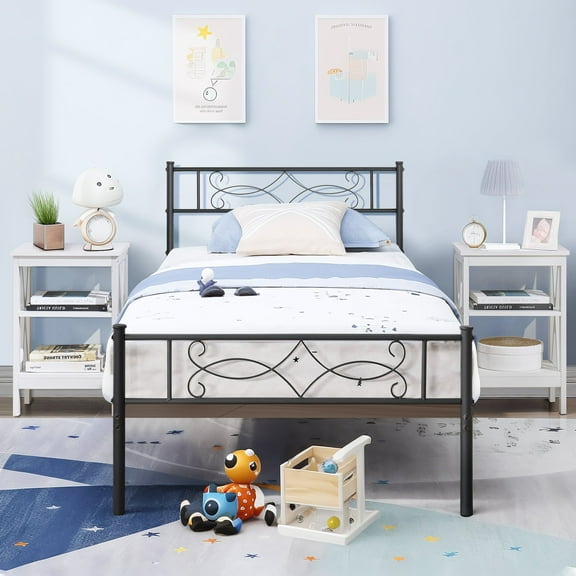 VECELO 3-piece Bedroom Set, Twin Bed Frame with Headboard, Nightstand Set of 2 with 3-tier Open Storage Shelf, White