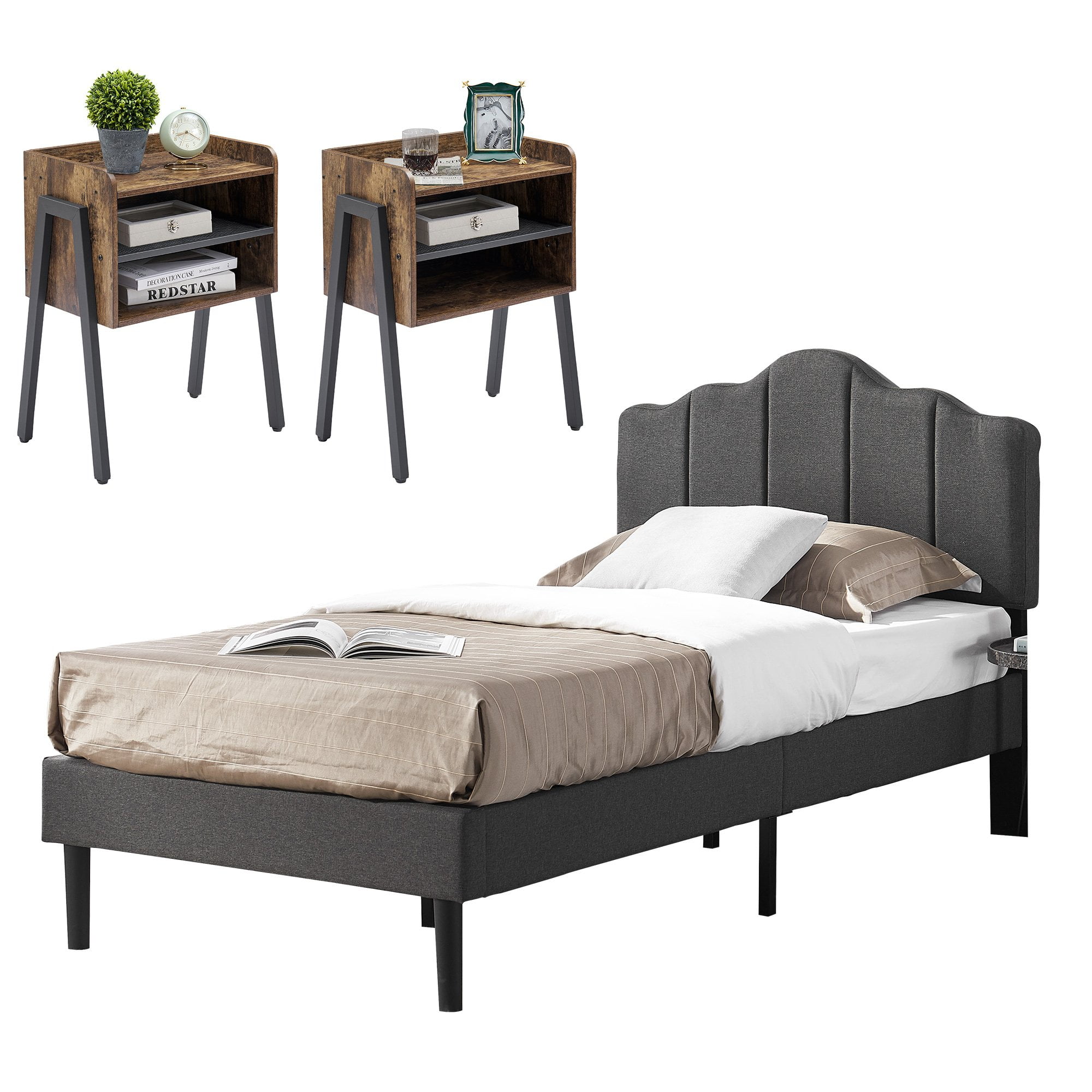 VECELO 3-piece Bedroom Set, Twin Size Upholstered Platform Bed Frame, Set of 2 Stackable Nightstands End Table