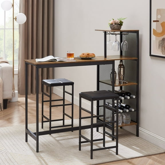 VECELO 3-piece Counter Height Dining Sets, Metal Pub Set with Wood Top, Wine Rack & Glass Holder, Brown