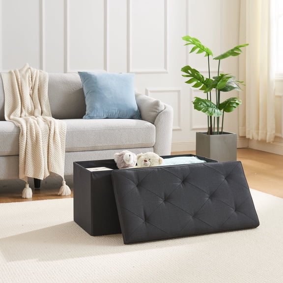 VECELO 30" Foldable Tufted Linen Ottoman, Storage Bench Foot Rest Stool/Seat Toy Chest, Black