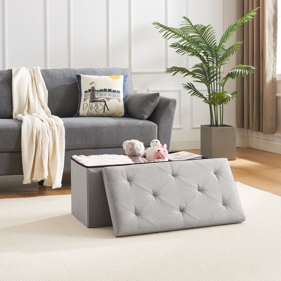 VECELO 30" Foldable Tufted Linen Ottoman, Storage Bench Foot Rest Stool/Seat Toy Chest, Gray