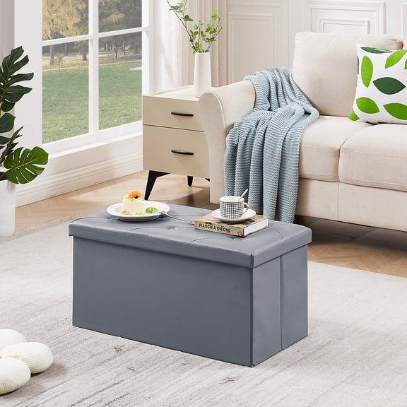 VECELO 30" Folding Storage Ottoman Bench, Faux Leather Footrest Couch for Living Room Bedroom Hallway, Gray