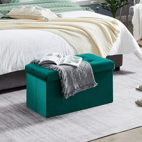 VECELO 30'' Rectangle Folding Storage Ottoman Footrest, Tufted Velvet Footstool Box, Green
