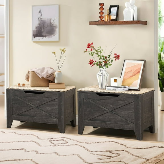 VECELO 30" Set of 2 Storage Bench with U-Shaped Cut-Out Pull, Wooden Toy Box Storage Chest with Safety Hinge, Shoe Bench, for Entryway, Living Room, Bedroom, Charcoal Gray