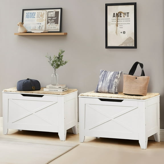 VECELO 30" Set of 2 Storage Bench with U-Shaped Cut-Out Pull, Wooden Toy Box Storage Chest with Safety Hinge, Shoe Bench, for Entryway, Living Room, Bedroom, White