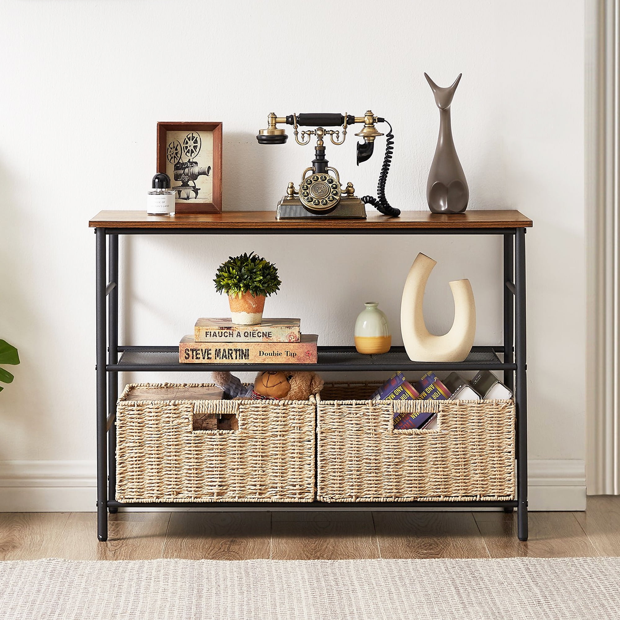 VECELO 32.4" Industrial 3-Tier Console Table with 2 Straw Storage Baskets, Sofa Table with Mesh Shelf for Living Room, Stable Metal Frame for Living Room, Brown
