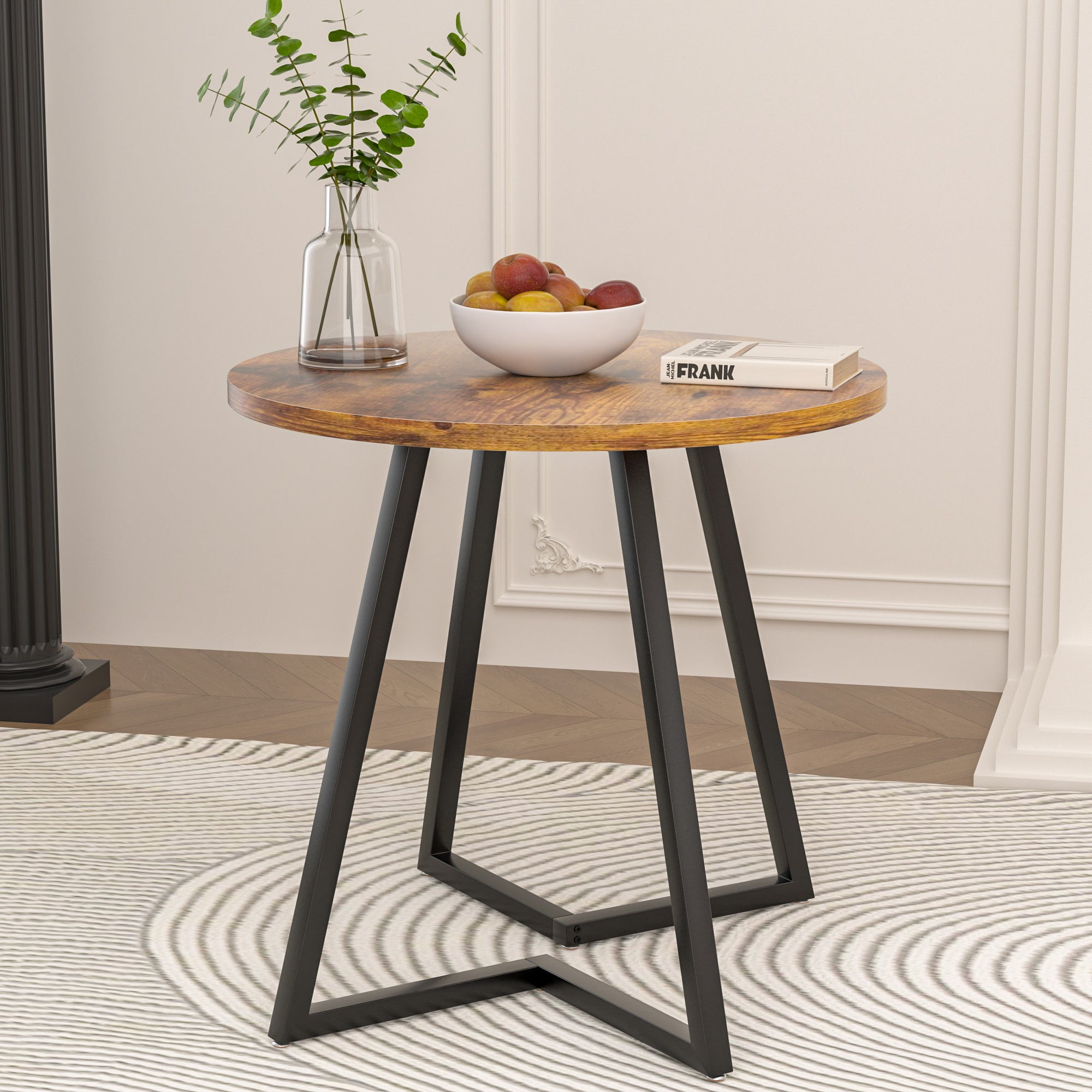 VECELO 35.4" Round Dining Table, Small Kitchen Table with Sturdy Metal Base, Dining Room Table for 2 to 4 Person, Antique Brown