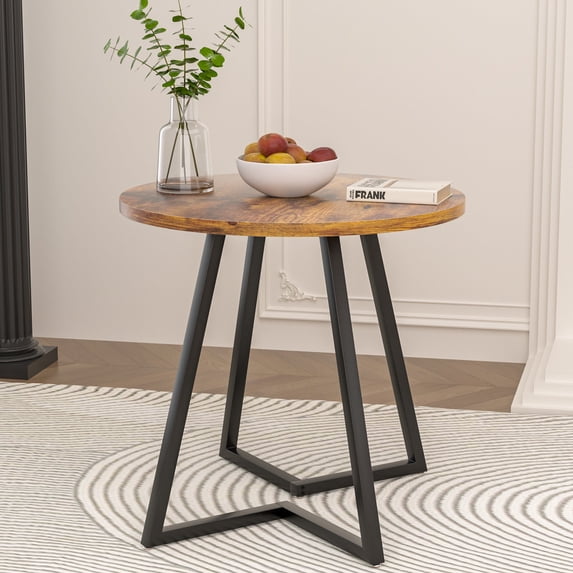 VECELO 35.4" Round Dining Table, Small Kitchen Table with Sturdy Metal Base, Dining Room Table for 2 to 4 Person, Antique Brown