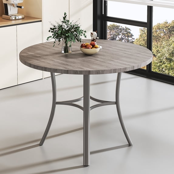 VECELO 36" Round Dining Table, Kitchen Table Faux Wood-Grain Finish with Metal Base for Living Room Kitchen, Gray