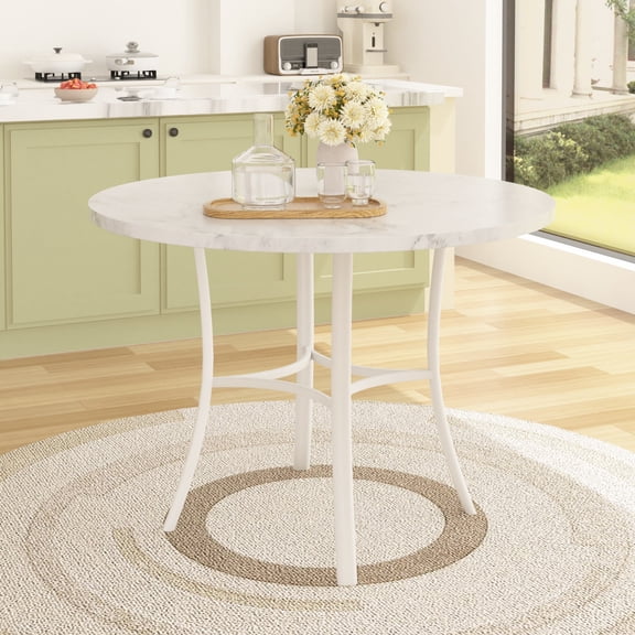 VECELO 36" Round Dining Table, Kitchen Table Faux Marble with Metal Base for Living Room Kitchen, White