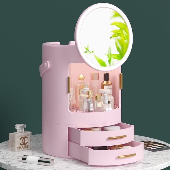VECELO 360 Rotating Makeup Organizers, Desktop Cosmetic Storage Box with LED Lighted Mirror, Anti Dust and Waterproof Skin Care Cosmetic Display Cases with Lid and Drawers, Pink