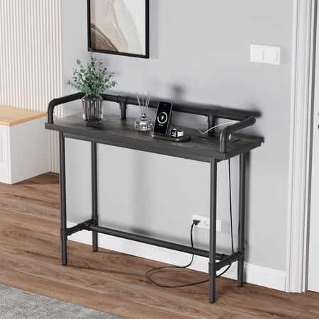 VECELO 39.2" Console Table with 2 Outlet and 2 USB Ports, Narrow Long Entryway Table with Metal Frame, Sofa Table for Living Room and Hallway, Oak Gray