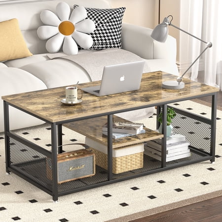 VECELO 39.4" Rectangle Coffee Table with Storage Shelf, Industrial Entertainment Center Television Table for Living Room, Gray
