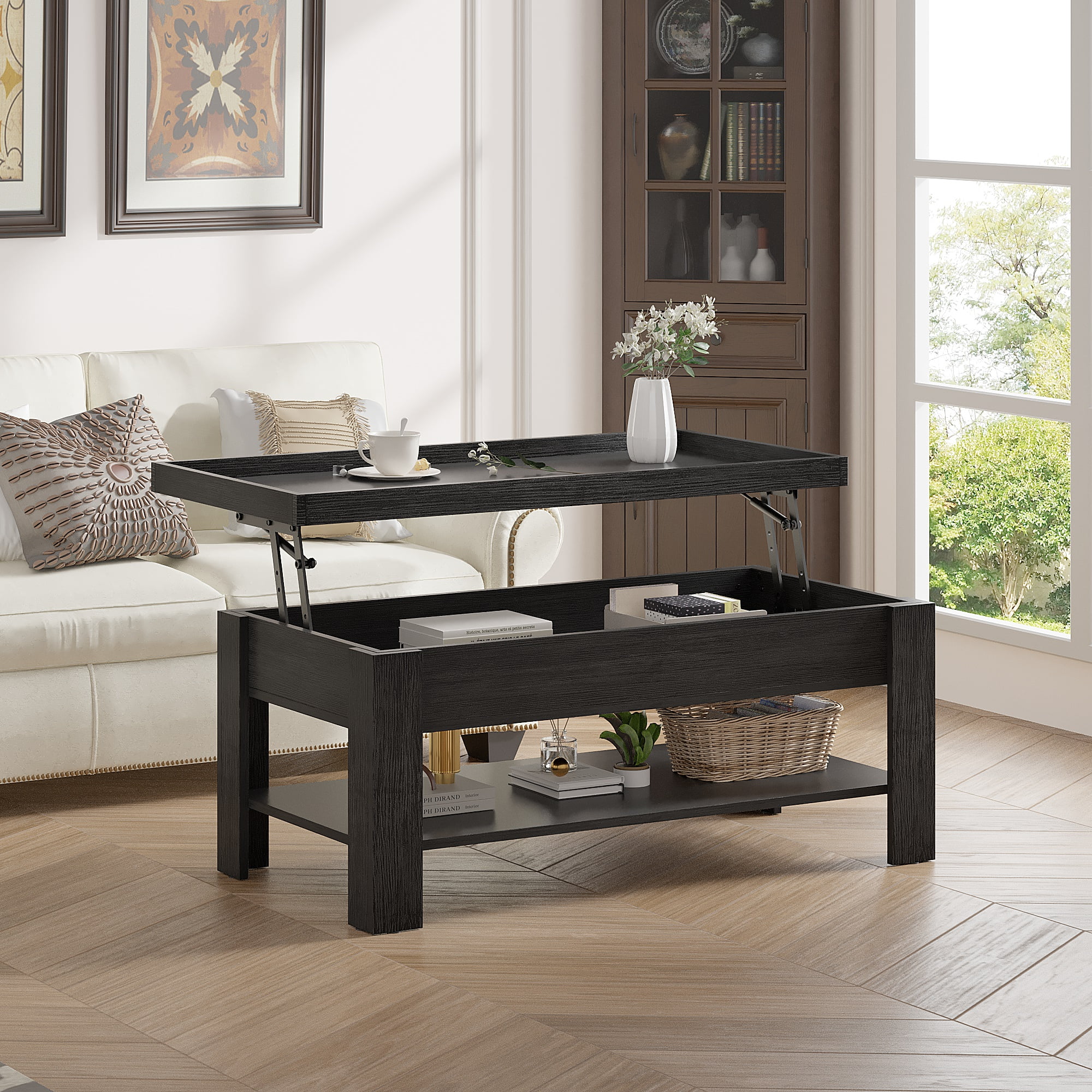 VECELO 39" Wood Lift Top Coffee Table, Rising Center Table with Hidden