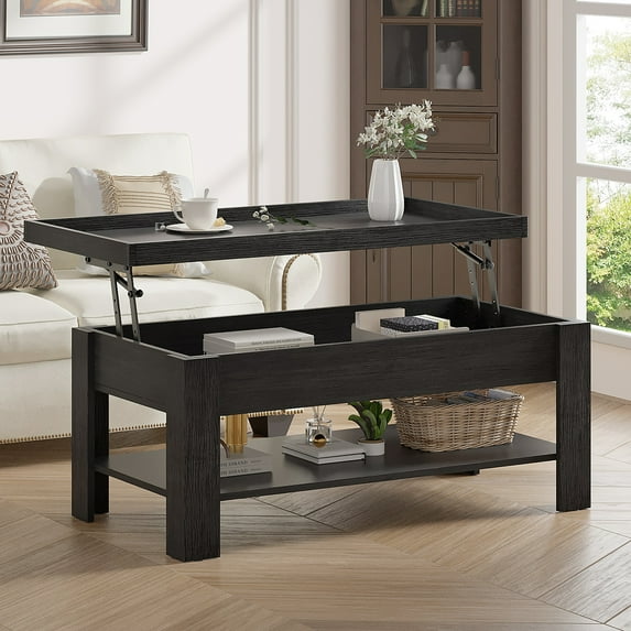 VECELO 39" Wood Lift Top Coffee Table, Rising Center Table with Hidden Compartment & Open Storage Shelf for Living Room, Black
