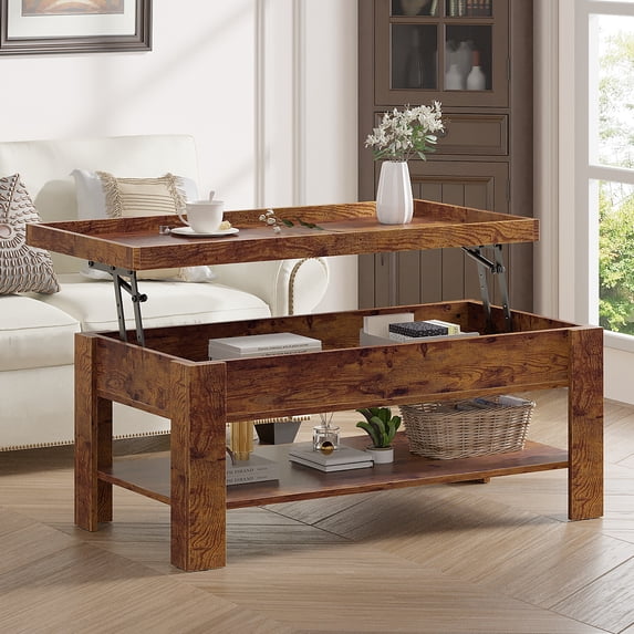 VECELO 39" Wood Lift Top Coffee Table, Rising Center Table with Hidden Compartment & Open Storage Shelf for Living Room, Brown