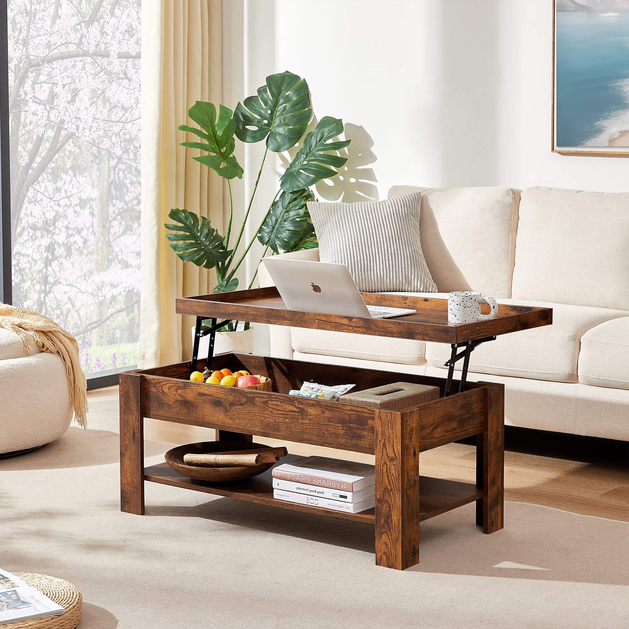 VECELO 39" Wood Lift Top Coffee Table, Rising Center Table with Hidden