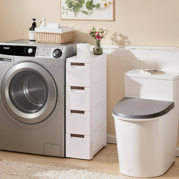 VECELO 4 Drawers Moveable Small Bathroom Stackable Storage Cabinet Floor Side Cabinet, Freestanding Plastic Narrow Lim Corner Slide Out Drawer Storage, For Bedroom Kitchen, White