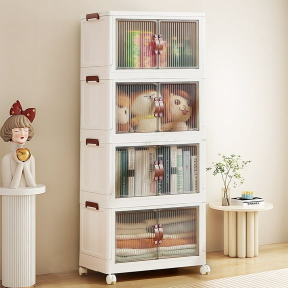 VECELO 4-Pack Folding Storage Bins with Lids & Wheels, Stackable Collapsible Plastic Storage Boxes with Open Front Door, Storage Containers for Bedroom Living Room Kitchen Study Office, White.