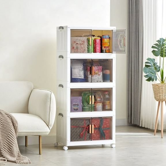 VECELO 4 Pack Stackable Storage Bins with Lids, Folding Plastic Storage Boxes with Wheels, Collapsible Toys Books Closet Organizers for Bedroom Living Room Kitchen Study Office, White