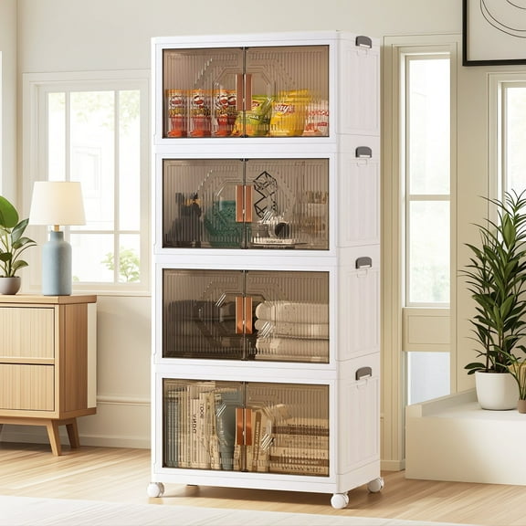 VECELO 4 Pack Storage Bins with Lids, Folding 3-Tier Storage Box with Doors and Wheels, Collapsible Plastic Stackable Organizer Boxes for Closets, White