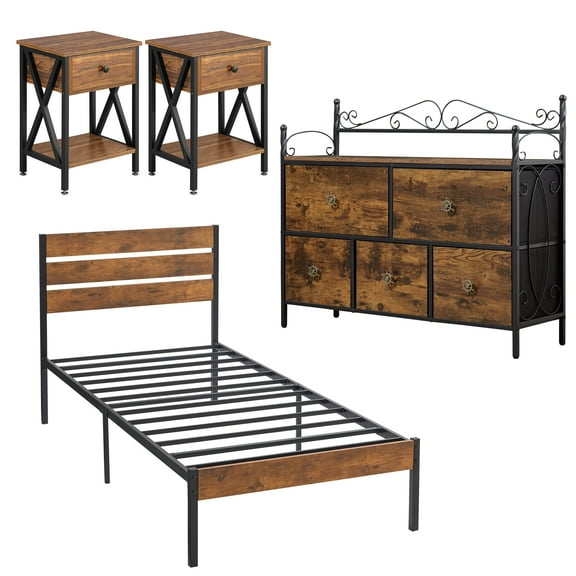 VECELO 4-Piece Bedroom Set Include Twin Size Bed Frame & Dresser & 2 Nightstand, Brown