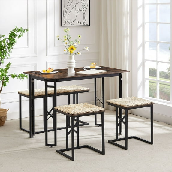 VECELO 4-Piece Dining Table Set, Kitchen Table with Bench and Two Stools for 4, Space Saving Design Gathering Bench Dining Set for Kitchen, Dining Room, Restaurant, Brown