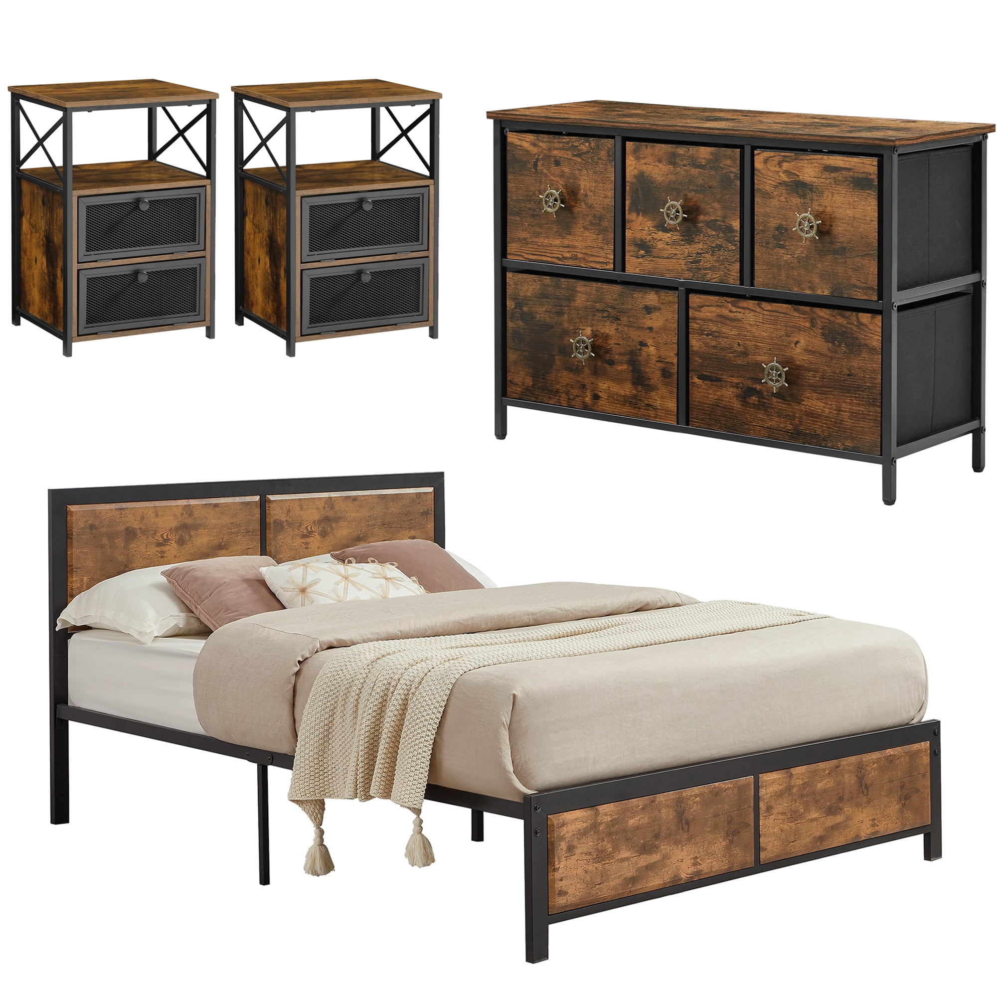 VECELO 4Piece Full Size Bedroom Set with Bed Frame & 5Drawer Dresser