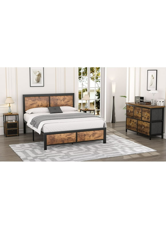 VECELO 4-Piece Full Size Bedroom Set with Bed Frame & 5-Drawer Dresser & Two Nightstands, Brown