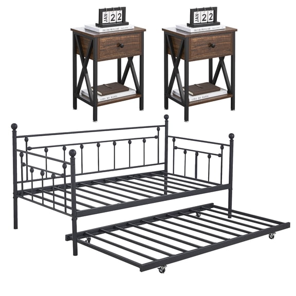 VECELO 4-Piece Furniture Sets Twin Daybed with Trundle and Nightstand (Set of 4)