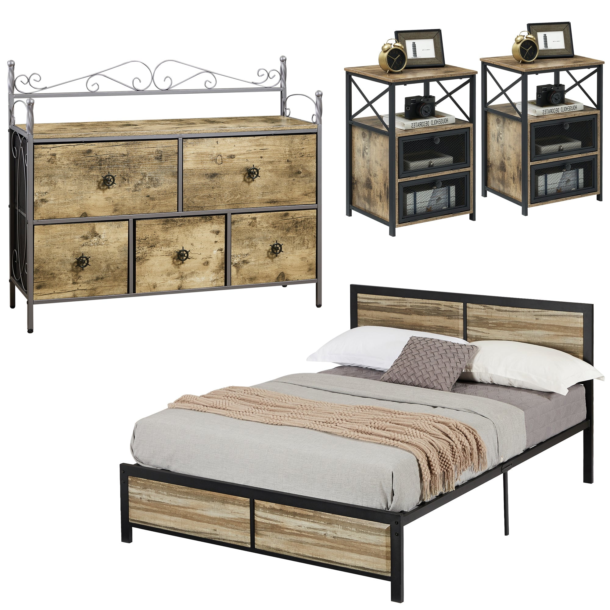 VECELO 4-Piece Queen Size Bedroom Set with Bed Frame & 5-Drawer Dresser & Two Nightstands, Gray