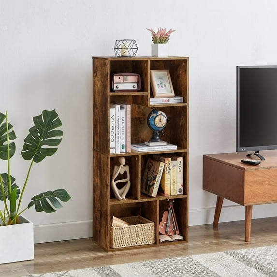 VECELO 4-Tier Bookcase with Storage Shelves, 21.3" Modern Bookshelf for Organizer Display Stand Home Office, Vertical or Horizontal, Brown