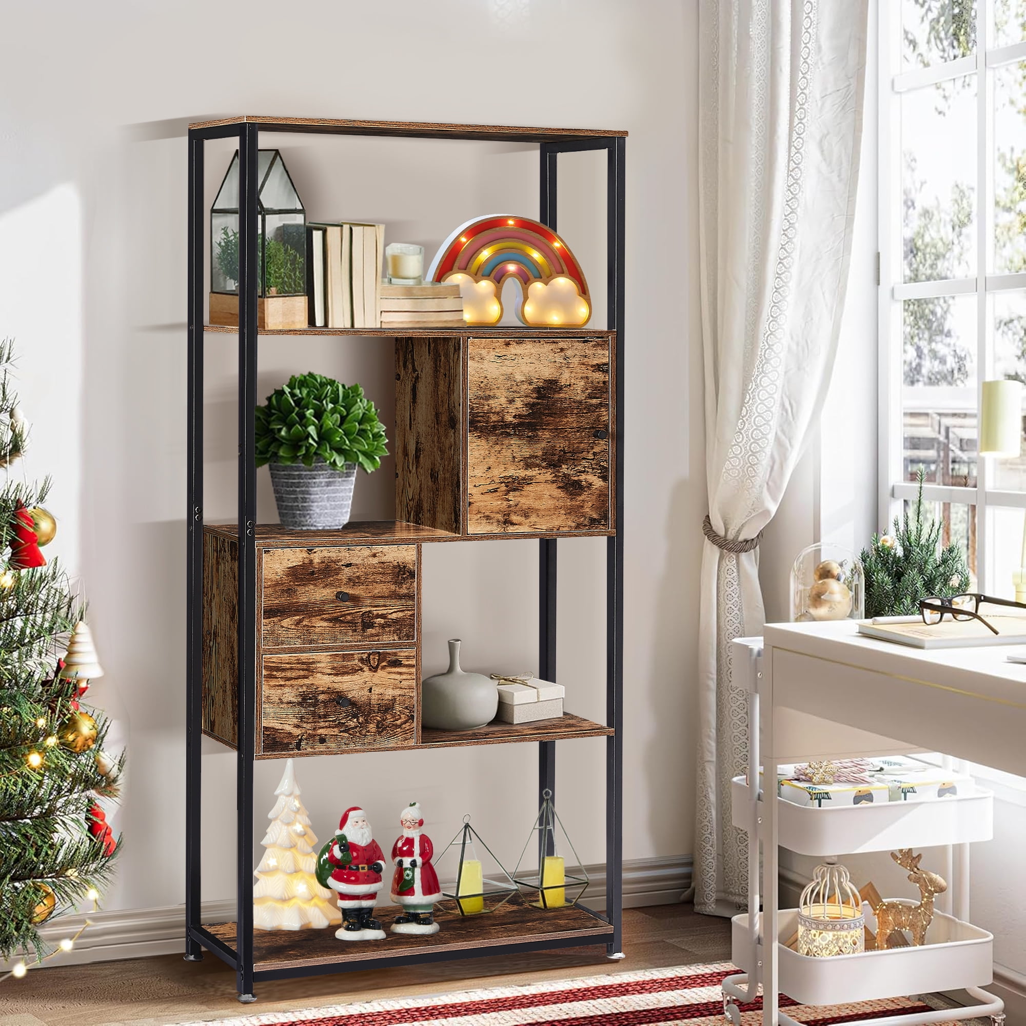VECELO 5-Tier Bookshelf with Cabinet & Drawer, Industrial Wooden Bookcase Display Rack, Rustic Brown VECELO 5-Tier Bookshelf with Cabinet & Drawer, Industrial Wooden Bookcase Display Rack, Rustic Brown