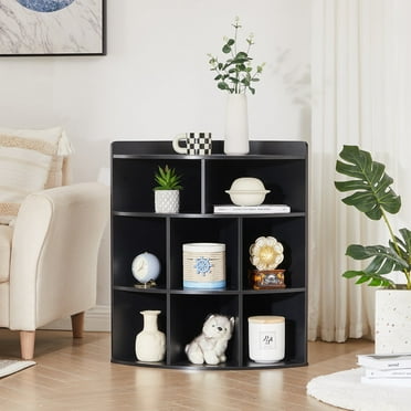 VECELO 4-Tier Corner Cabinet, Wooden Bookcases Bookshelf with 8-Cubby Storage Organizer for Small Space, Black