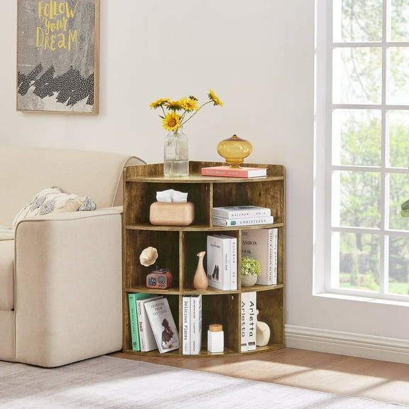 VECELO 4-Tier Corner Cabinet, Wooden Bookcases Bookshelf with 8-Cubby Storage Organizer for Small Space, Brown