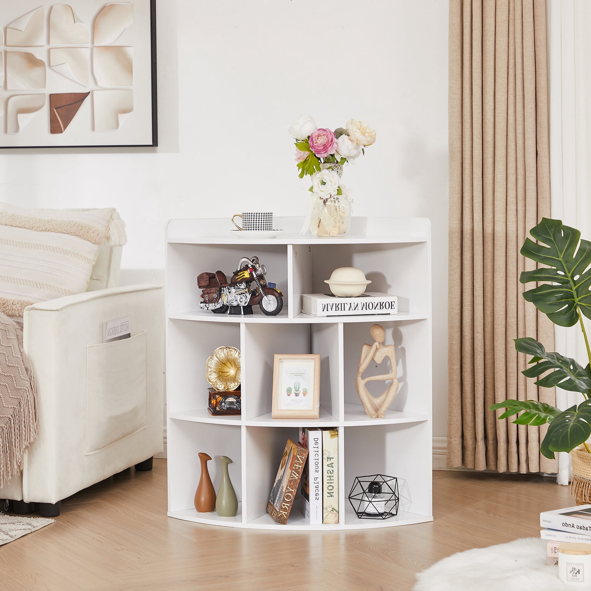 Small Sign Storage Rack VECELO 4-Tier Corner Cabinet, Wooden Bookcases Bookshelf with 8-Cubby ...