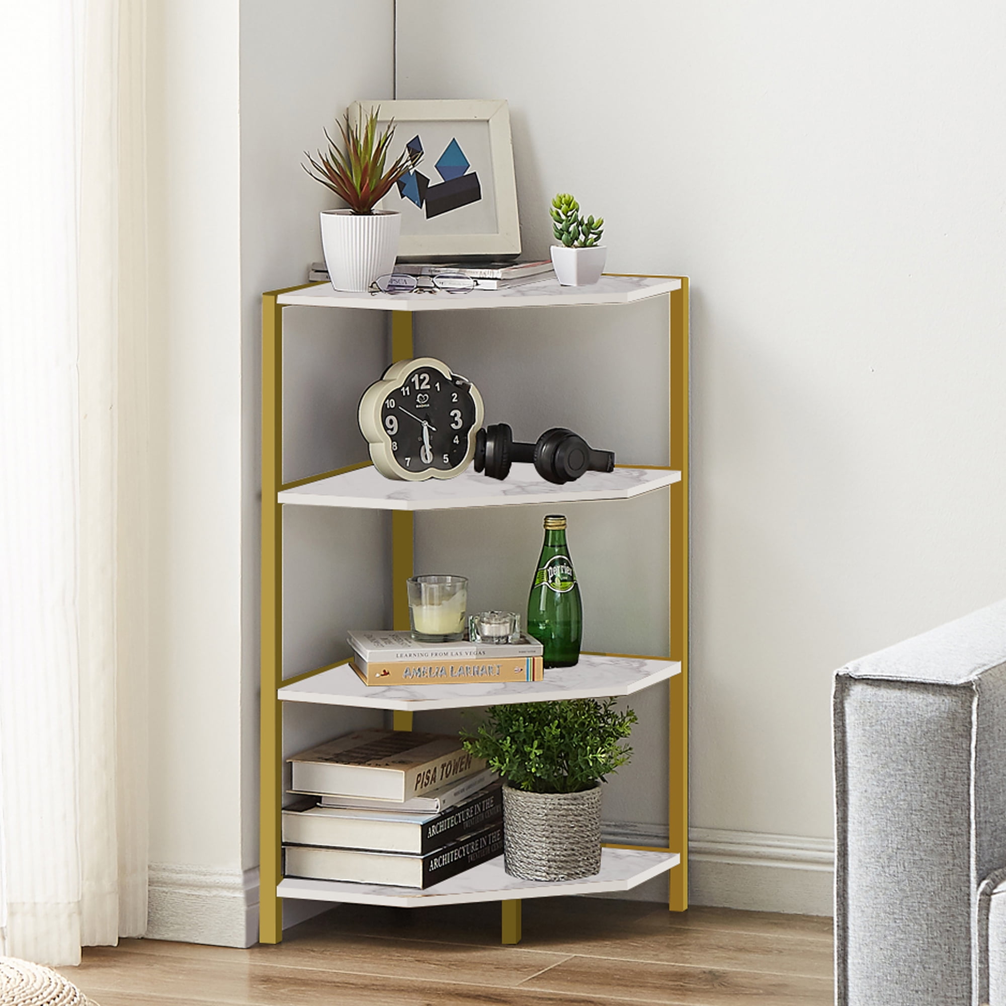 VECELO 4 Tier Rotating Bookshelf Tower,360° Corner Display Shelf with