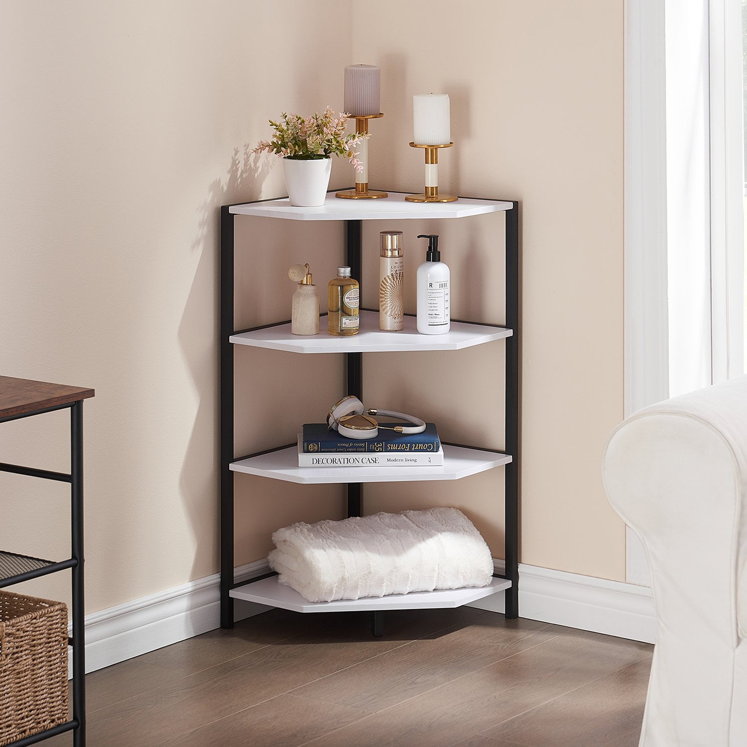 VECELO 4-Tier Corner Shelf, Multipurpose Wood Storage Stand VECELO 4-Tier Corner Shelf, Multipurpose Wood Storage Stand