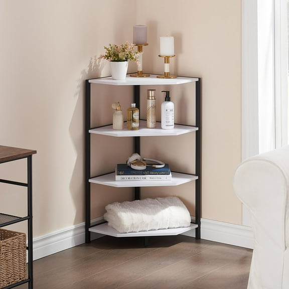 VECELO 4-Tier Corner Shelf, Multipurpose Wood Storage Stand for Small Spaces, Bedroom, Living Room, White